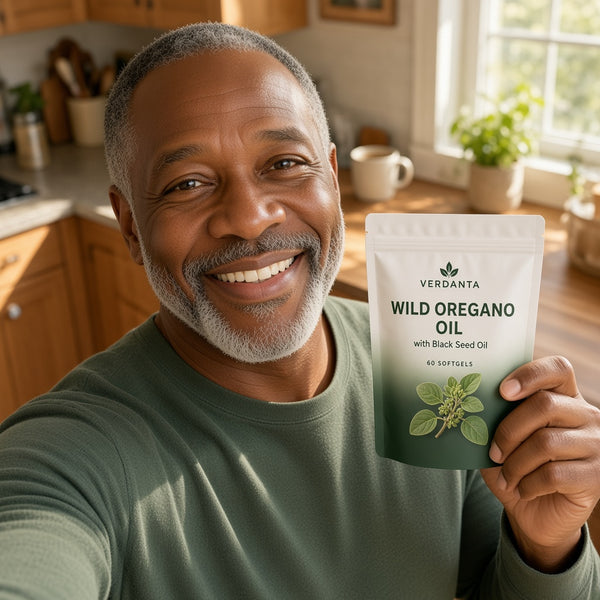Verdanta customer photo with the wild oregano oil pouch